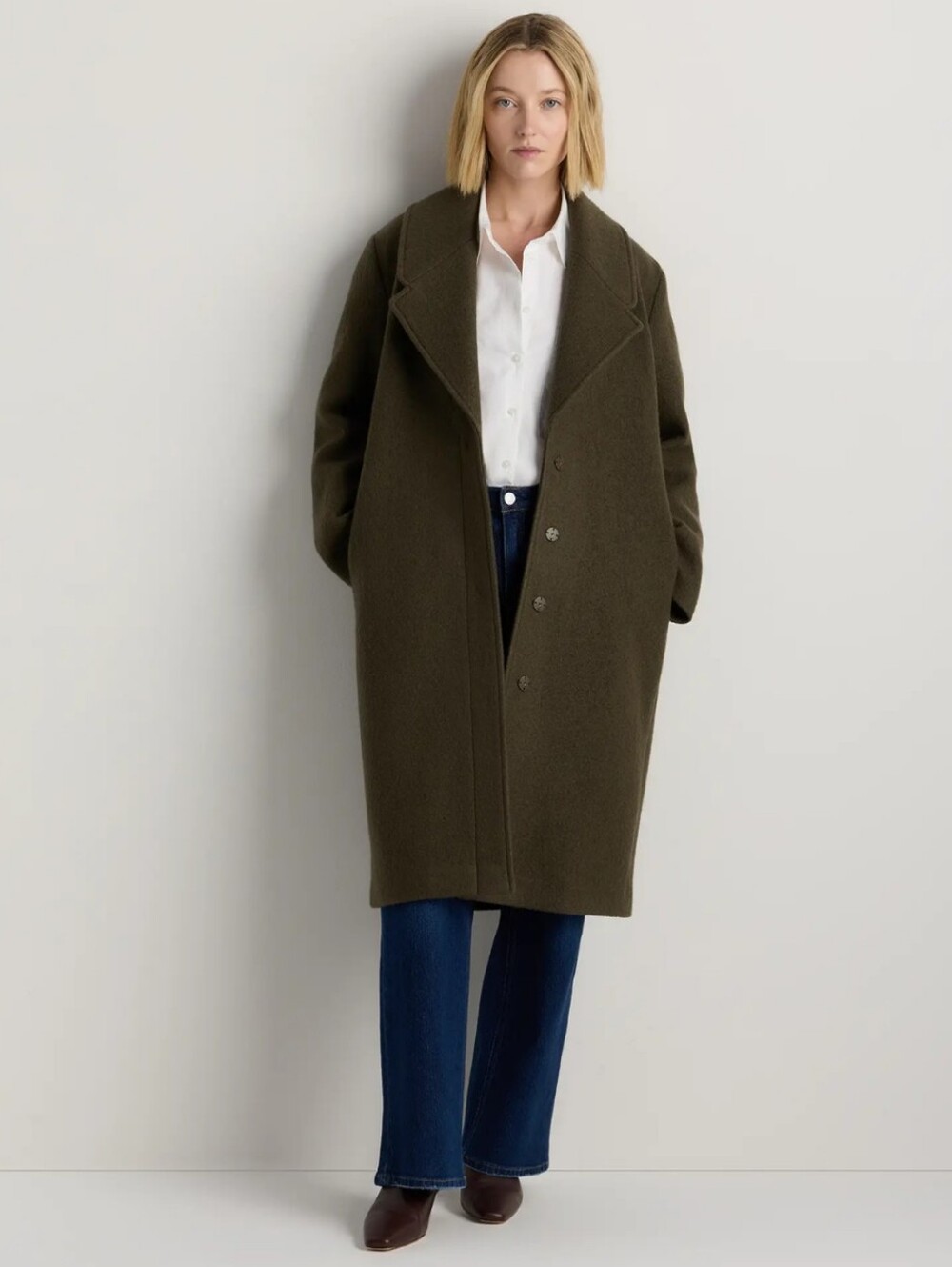 Quince Women's 100% Merino Wool Shawl Collar Coat XS Olive Green NWT
